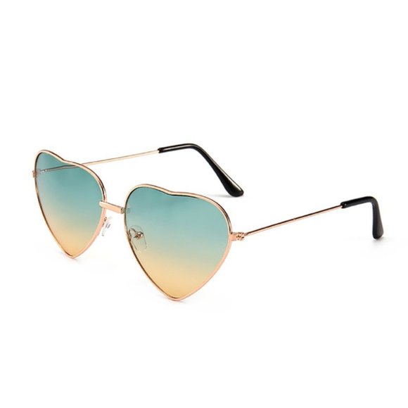 TEMP OUT OF STOCK Heart Shaped UV400 Blue & Pink Sunglasses Gold Metal Rim - Picture 9 of 14